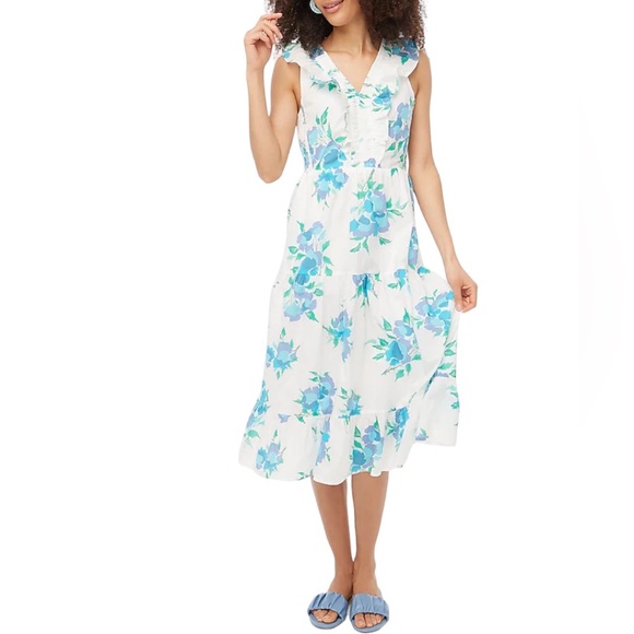 *NWT* J. Crew Printed V-Neck Smocked Midi Dress w/ Pockets, Tiered Swing Dress - Picture 3 of 14